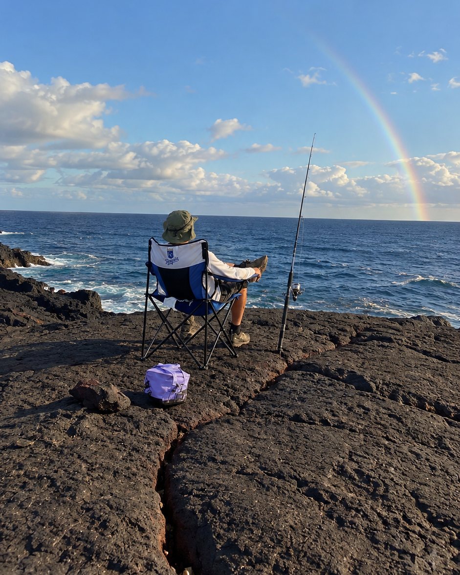A guest in a folding chair on the black lava cliffs, fishing rod propped beside them, looking out over the Pacific under a rainbow.