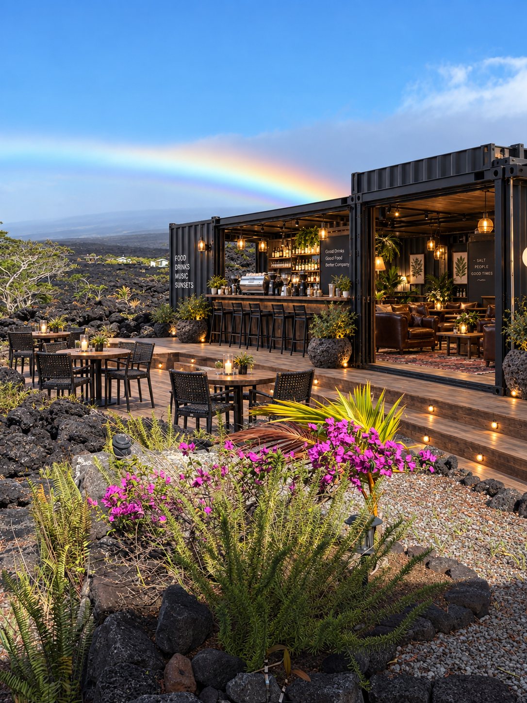 The pavilion at dusk: two open-fronted shipping containers holding a lit bar and a leather lounge, café tables on the deck, bougainvillea and lava rock in front, and a rainbow over the lava field.