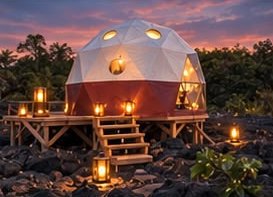 A single dome on its platform at dusk, lanterns lit on the steps.