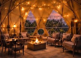 A dome lounge with armchairs around a low fire table.