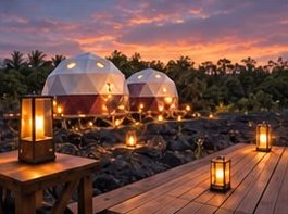 Two domes beyond a lantern-lit deck at sunset.