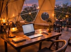 A desk with a laptop and lamp inside a dome, facing a round window.