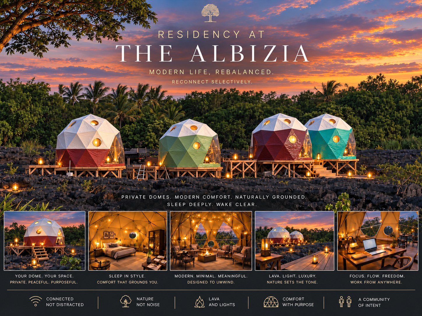 Residency at The Albizia. Modern life, rebalanced. Reconnect selectively. Four lantern-lit geodesic domes on raised platforms above a black lava field at sunset. Private domes. Modern comfort. Naturally grounded. Sleep deeply. Wake clear. Connected, not distracted. Nature, not noise. Lava and lights. Comfort with purpose. A community of intent.