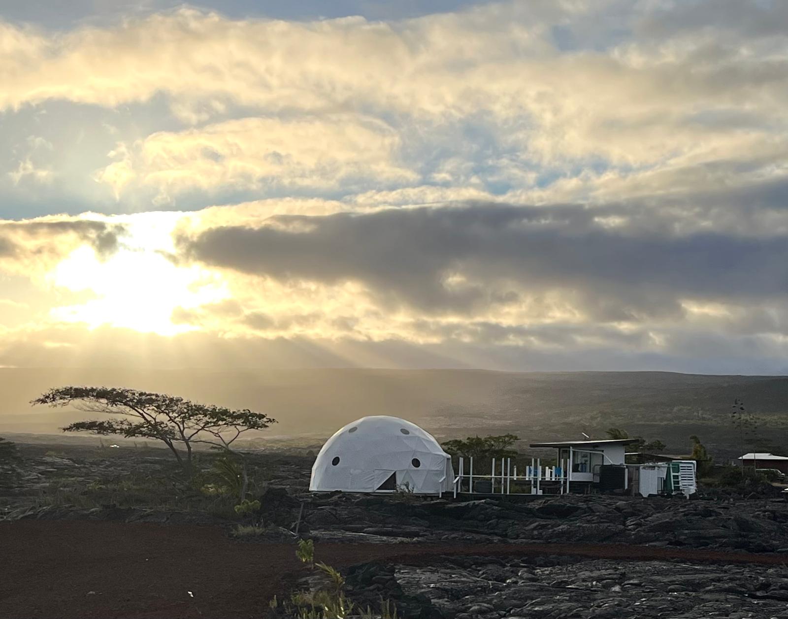 A single white geodesic dome standing on the black lava field at sunset, a wind-bent albizia tree to the left and the flank of the volcano fading into haze behind.