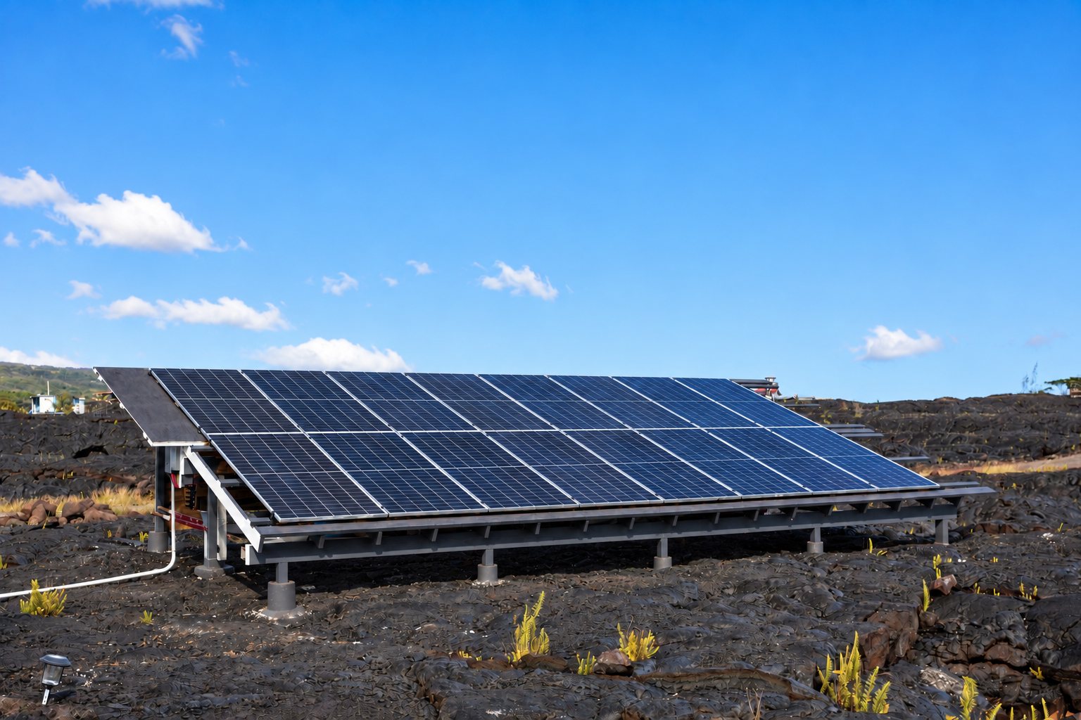 A ground-mounted solar array on raw black lava rock under a clear blue sky, with young ferns growing through the cracks.